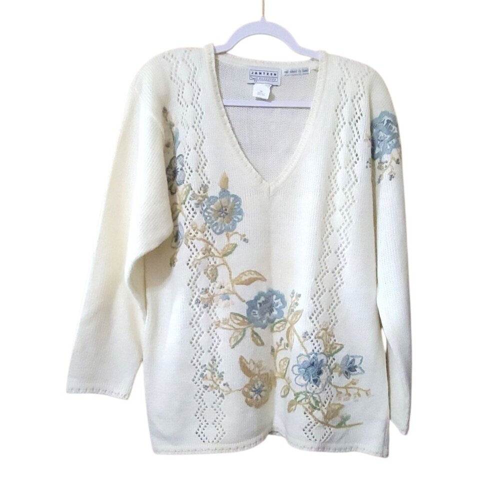 Vtg Jantzen Classics Ivory Floral Hand Embroidered Sweater M V-Neck Grandma - Picture 1 of 11